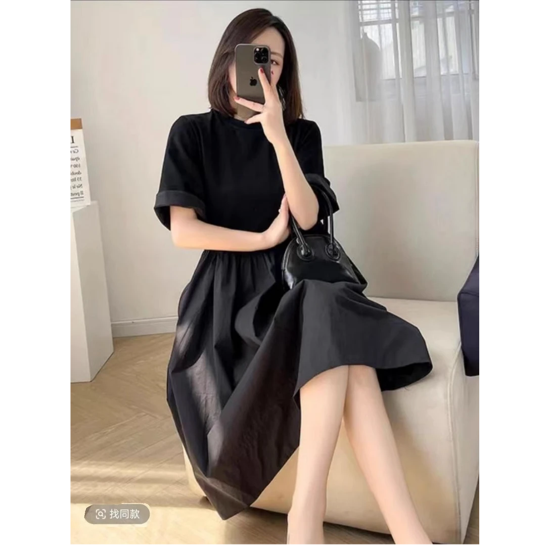 黑色赫本风短袖连衣裙女夏季2025新款韩版宽松大码显瘦小众A字裙