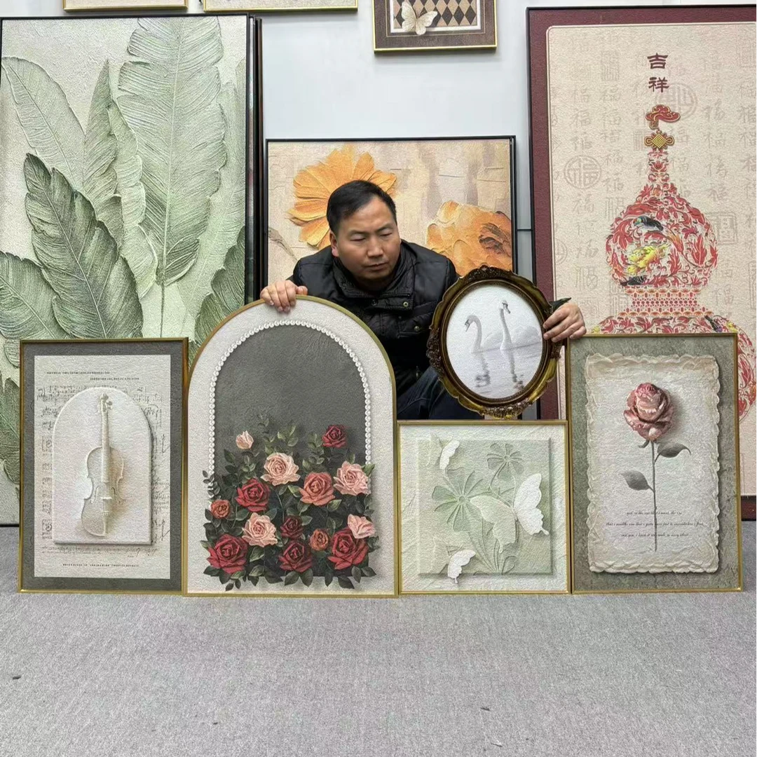 法式中古风客厅装饰画玫瑰花卉复古组合沙发背景墙挂画500