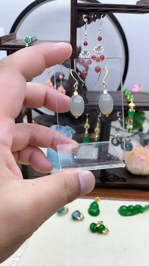 和田玉14K金镶嵌耳饰06号