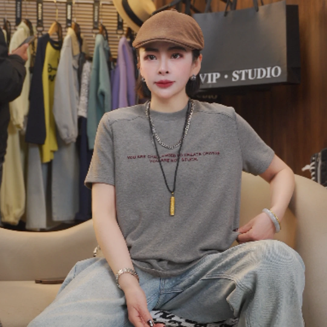 2025新款打底T恤纯色印花加绒短袖成人均码时尚休闲百搭宽松