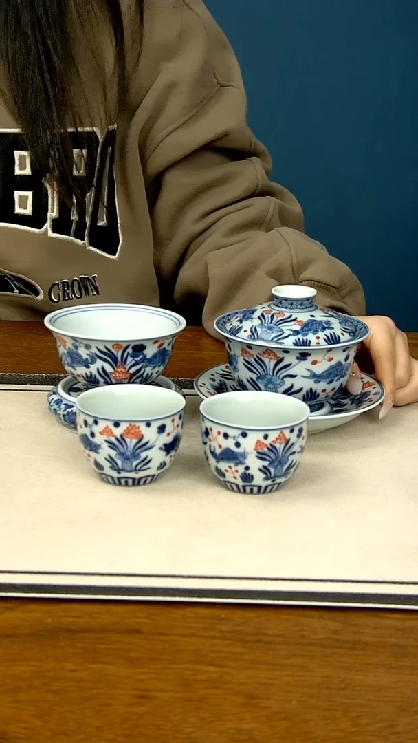 【闪购商品】釉里红鱼藻四件套..2个客杯