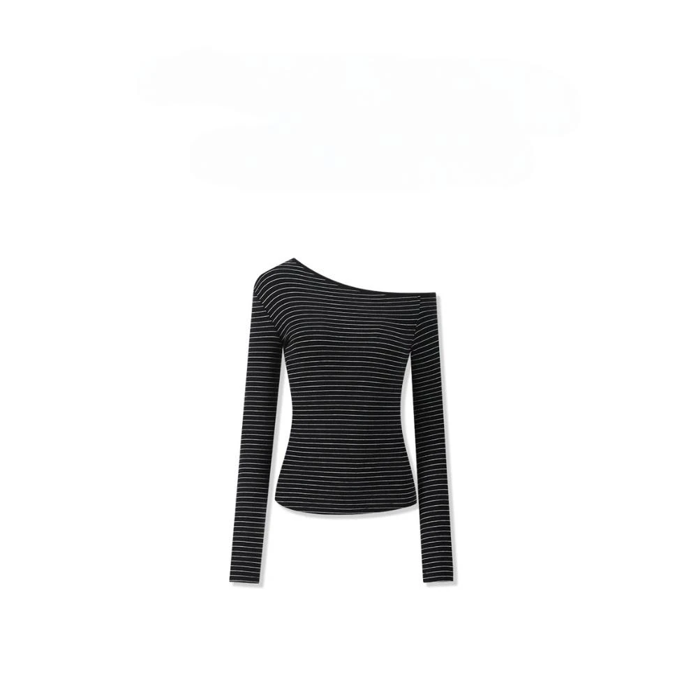 2025秋冬季新款撞色条纹斜肩一字领针织衫条纹显瘦打底衫女F6-80