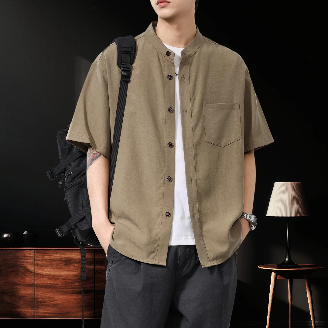 百搭亚麻衬衫男短袖上衣休闲夏季宽松薄款新中式国风立领衬衣男