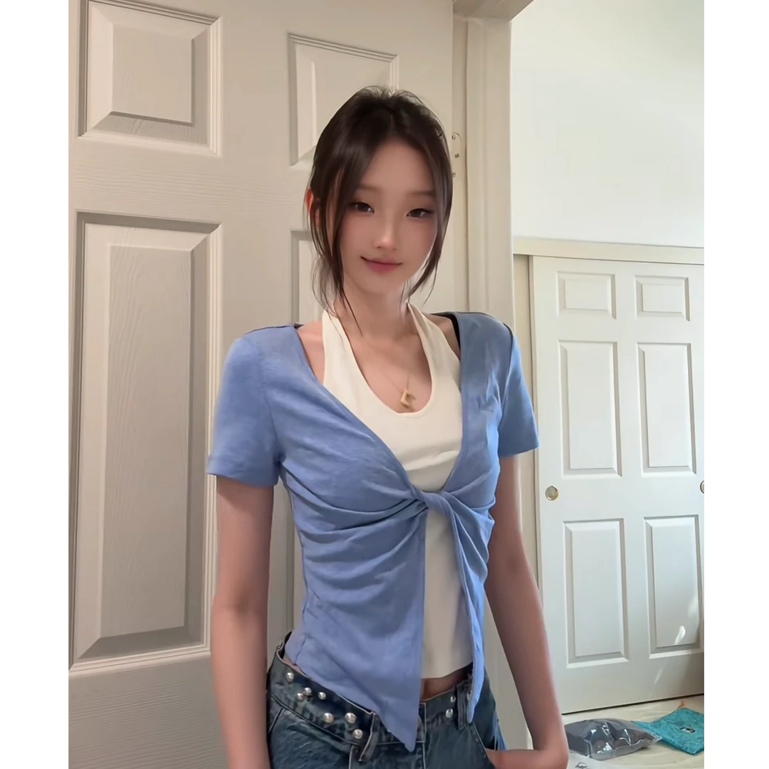 假两件短袖女扭结挂脖收腰短款t恤修身显瘦辣妹上衣Y3686