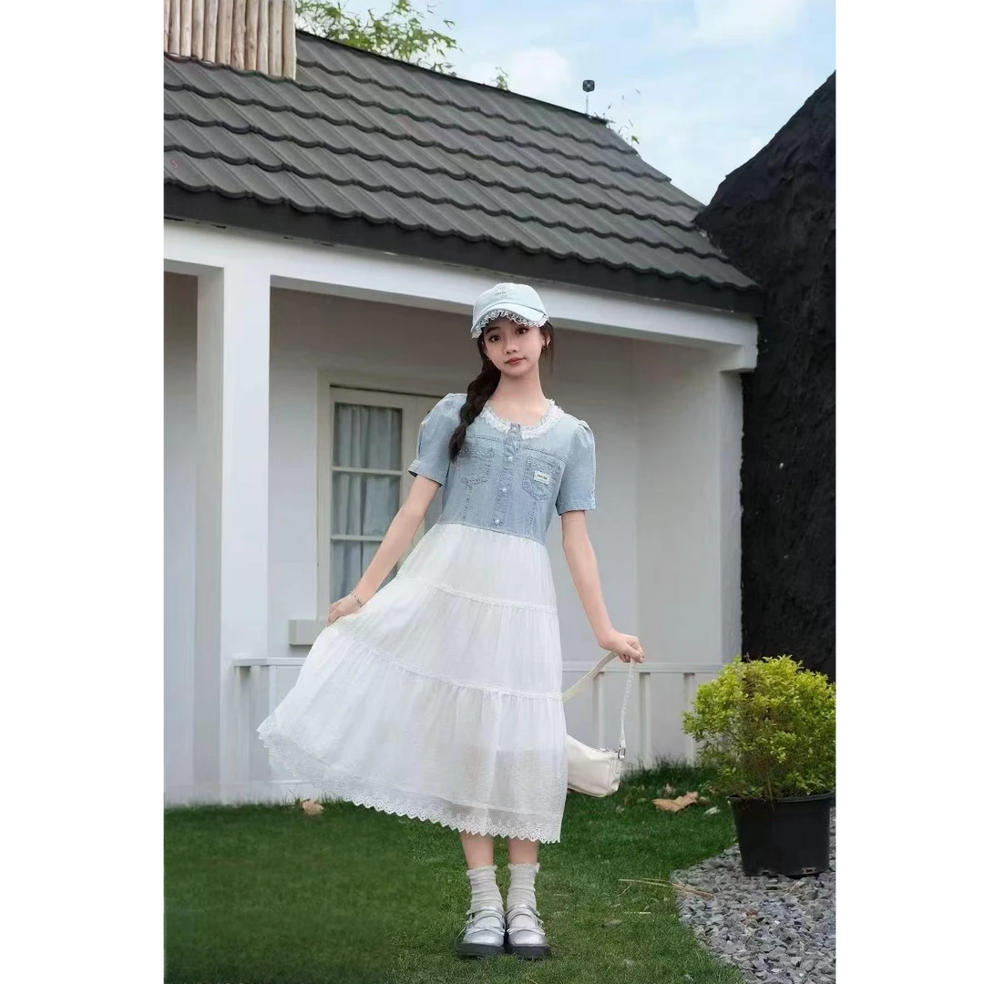 夏季新款女童牛仔拼接连衣裙女孩洋气裙子中大童zb5594田范KIDS