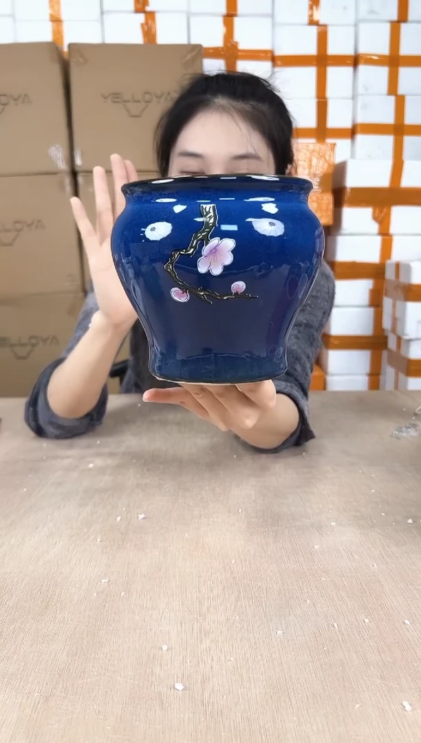 缸型深蓝花釉勾花13x13