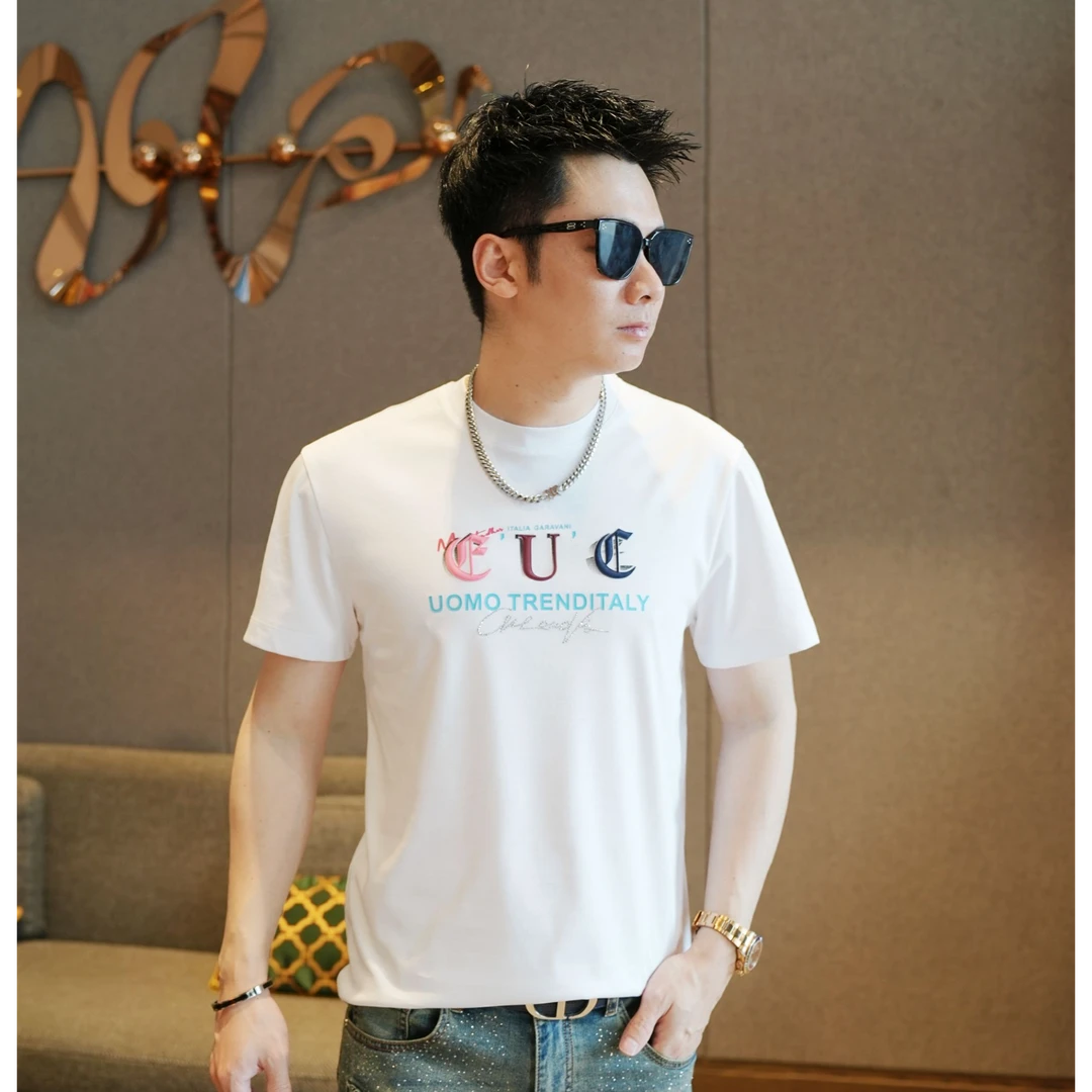 2025男士夏季立体刺绣潮牌休闲短袖T恤潮流修身圆领重工欧货半袖