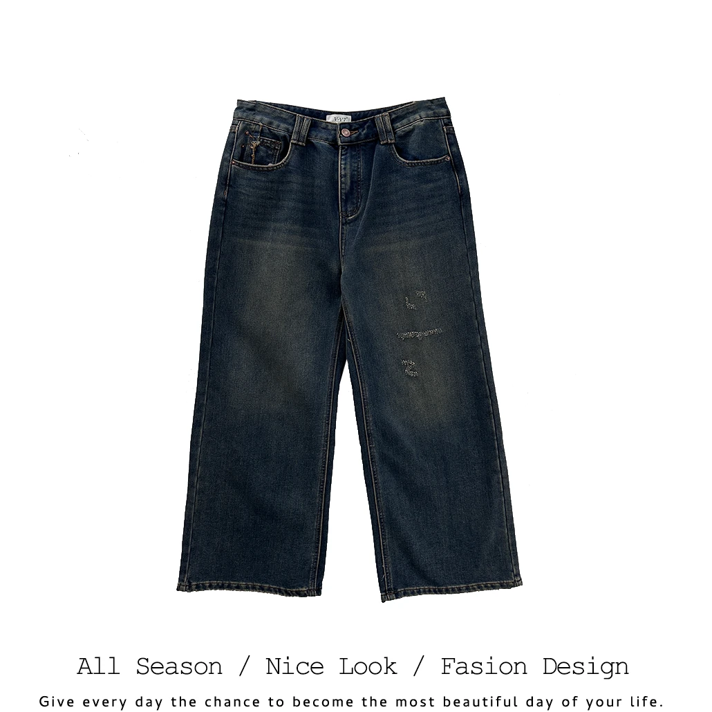384 时尚韩版蓝色休闲百搭直筒加绒大码牛仔长裤#7338