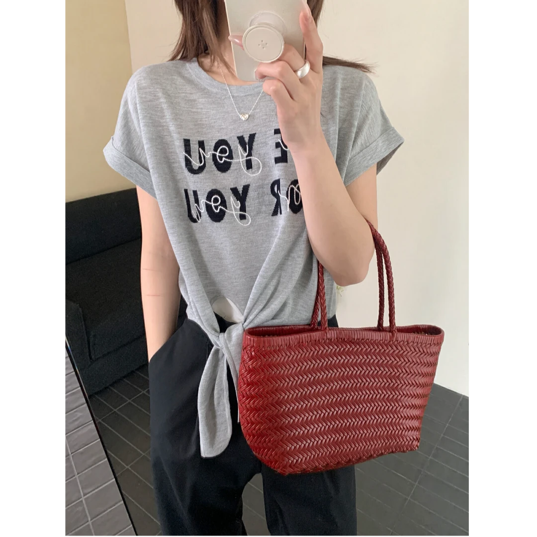 欧货字母短袖T恤女夏2025新款宽松韩版正肩小众绑带打底衫上衣ins