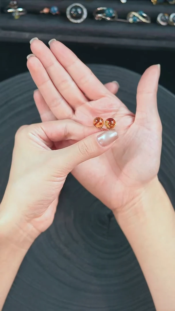 琥珀银S925镶嵌珠宝奇石花珀耳钉