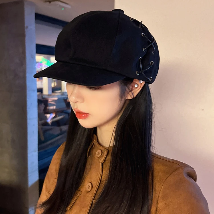 a八角帽女秋冬新款纯色系绳贝雷帽日常逛街女士英伦复古短檐鸭舌