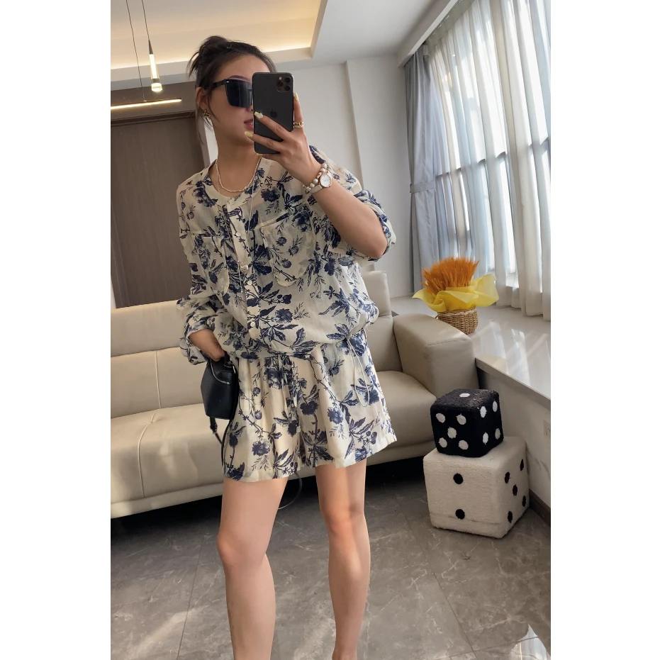 100天丝 小清新水墨印花宽松慵懒超好看上衣+四分裤套装女250334