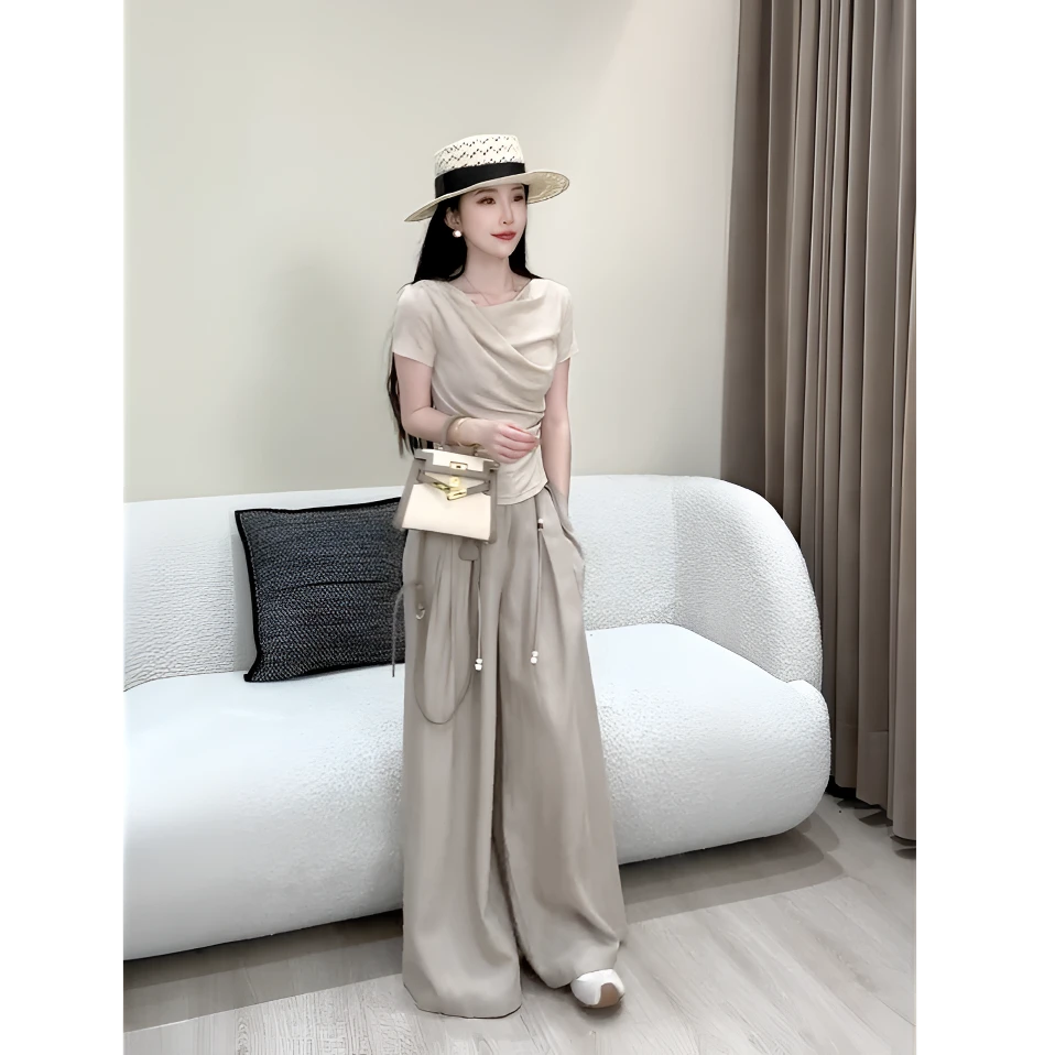 2025夏季新款百搭设计感收腰显瘦短袖T恤上衣+休闲高腰阔腿裤套装