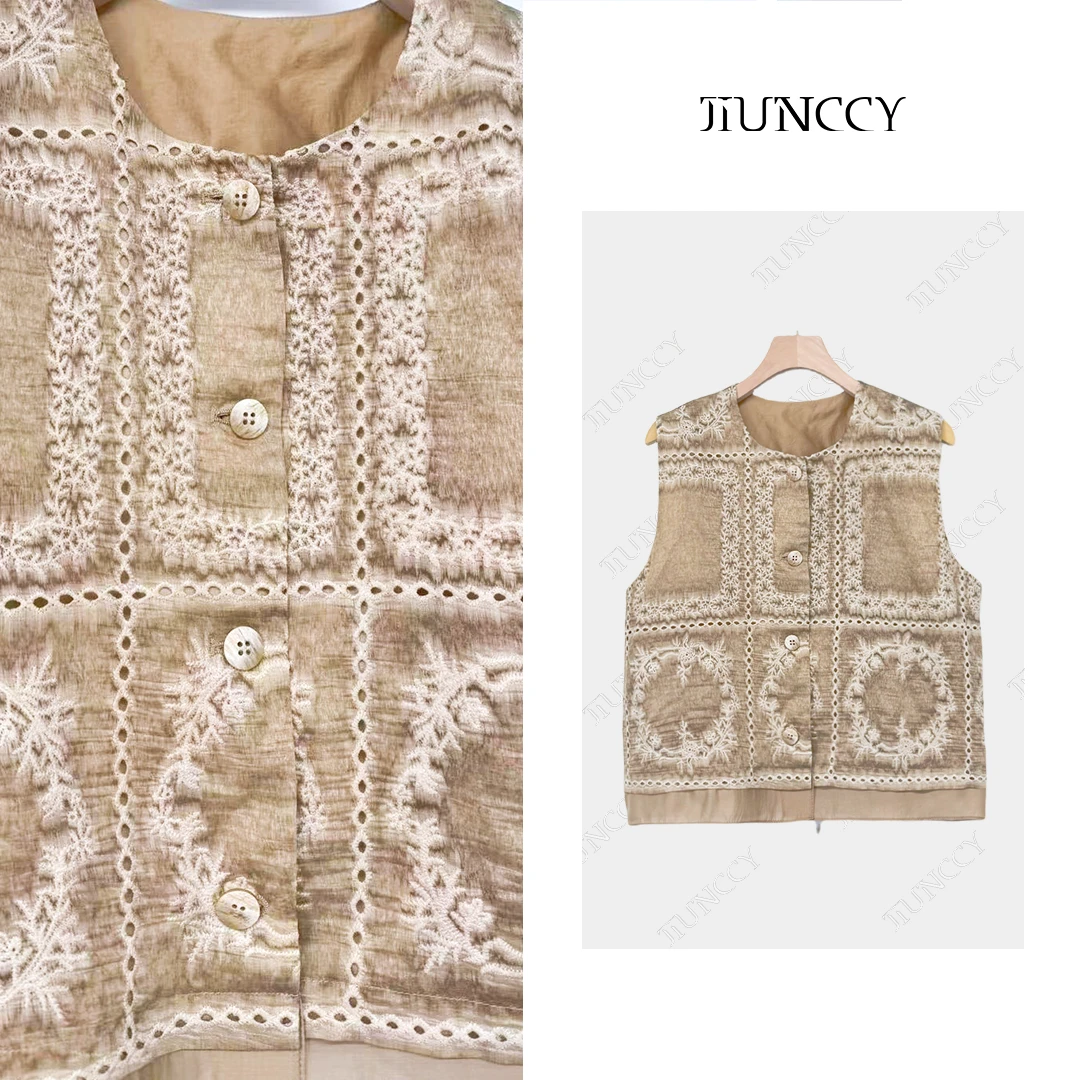 JIUNCCY【颂歌】重工绣花扎染大方格图案拼接天丝下摆马甲 52YMJ006