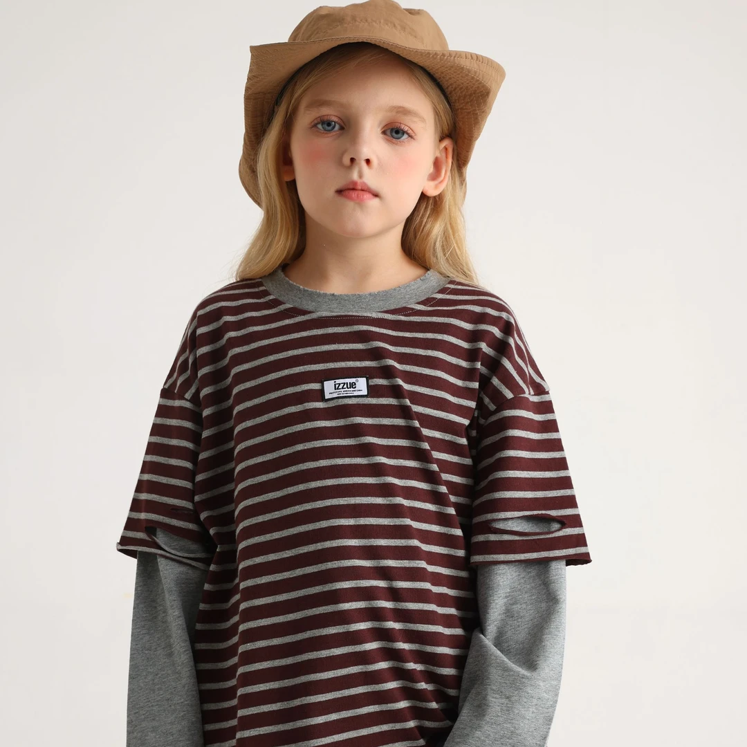 IZZUE童装假两件长袖儿童秋装2025新款薄款条纹上衣IZULTME000880