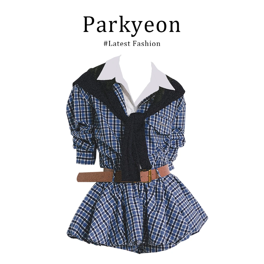 parkyeon网红洋气炸街假两件赫本风连衣裙女秋收腰显瘦花苞裙短裙