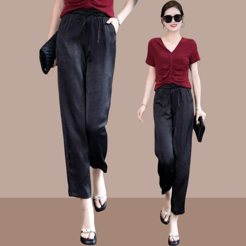 2025夏季新款女士醋酸缎面哈伦裤高腰垂坠感九分烟管裤薄款冰丝裤