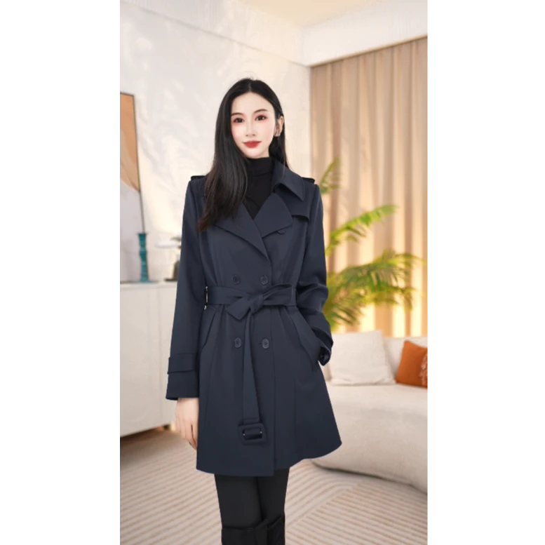 翻领中长款气质轻职风双排扣女风衣25C773