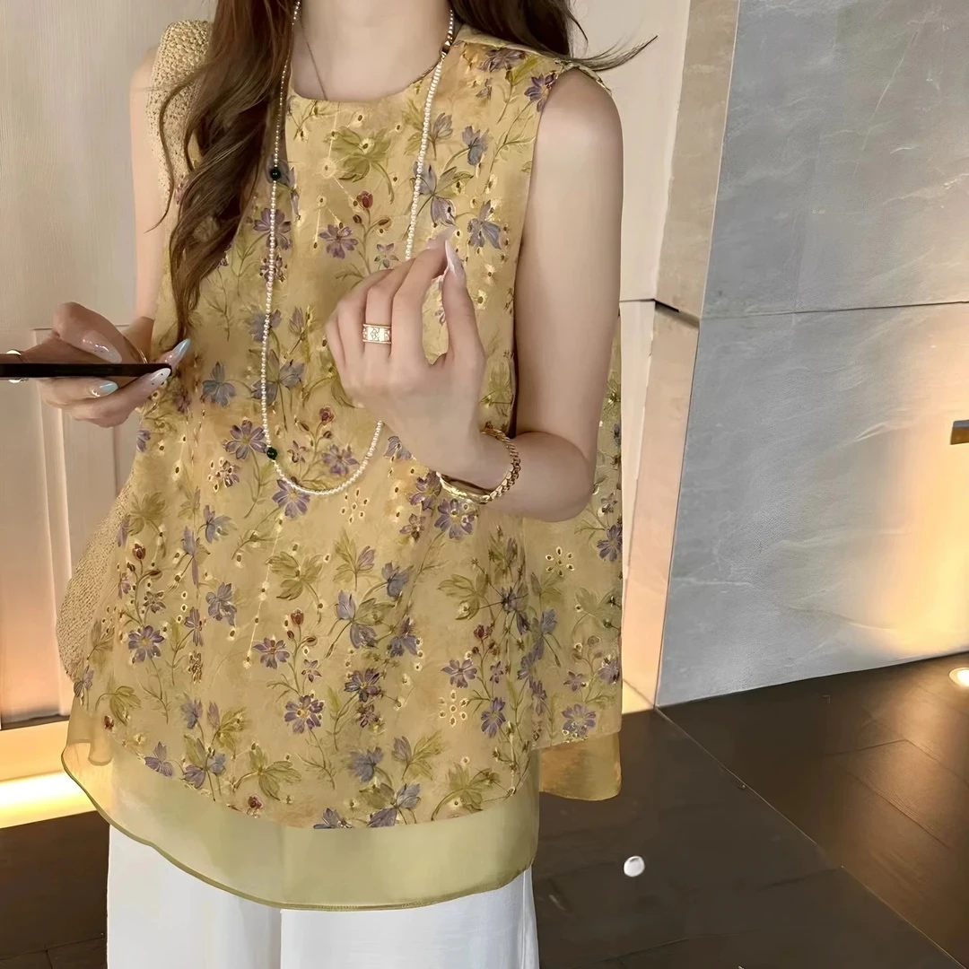 新中式国风刺绣镂空无袖上衣女2025新款复古提花宽松显瘦唐装1353