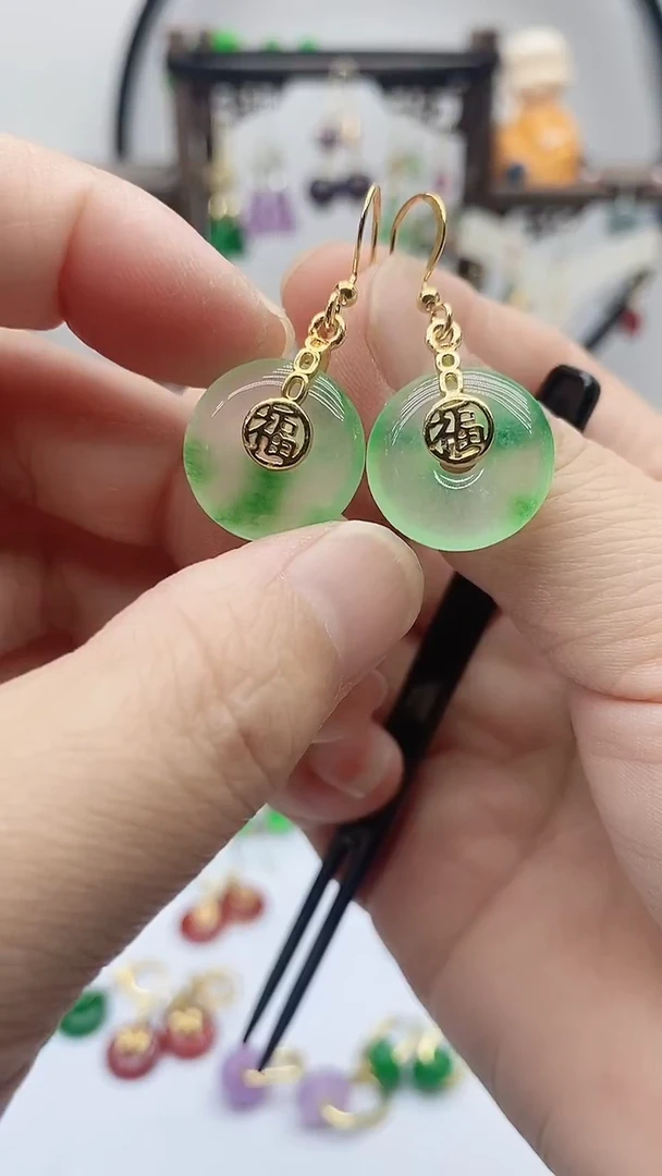 14K金镶嵌石英质玉（天山翠）耳饰204