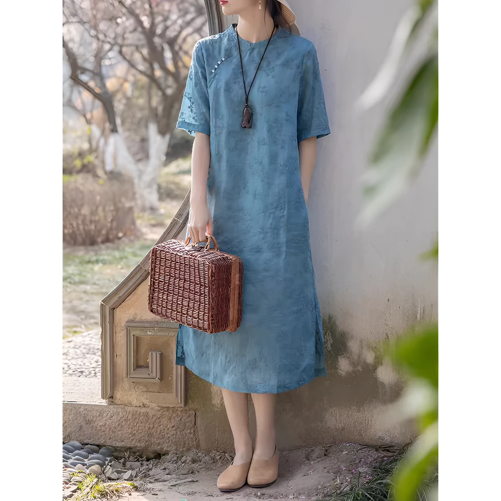 天丝麻精致重工水溶刺绣改良旗袍裙女2025夏季新款新中式宽松显瘦