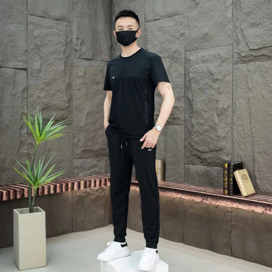 抑菌冰丝网眼套装大码休闲弹力速干男士夏季休闲套装透气运动