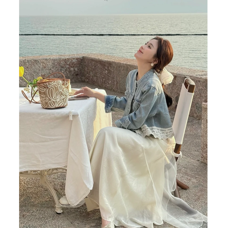YPP！【蕾丝牛仔外套】春季韩版百搭休闲圆领排扣拼接蕾丝牛仔外套