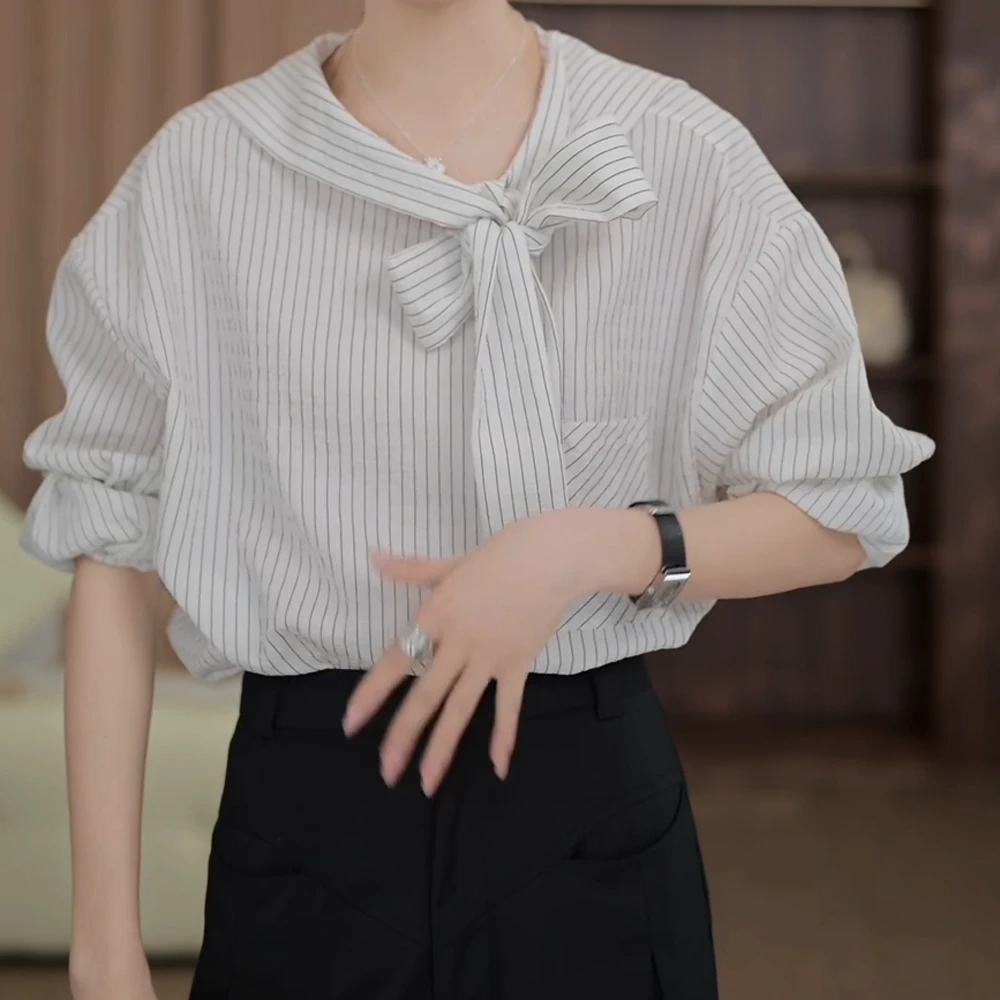 【今非昔比】春夏上新轻奢气质时尚条纹长袖衬衫宽松百搭显瘦上衣