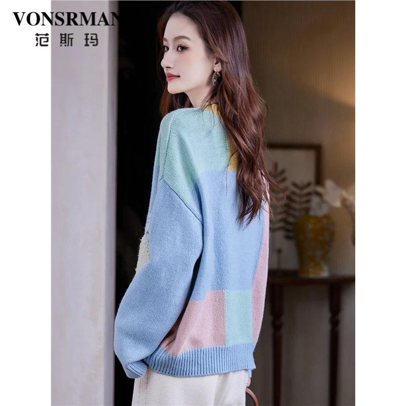 VONSRMAN甜美减龄撞色针织衫女秋冬2025新款慵懒气质宽松百搭毛衣