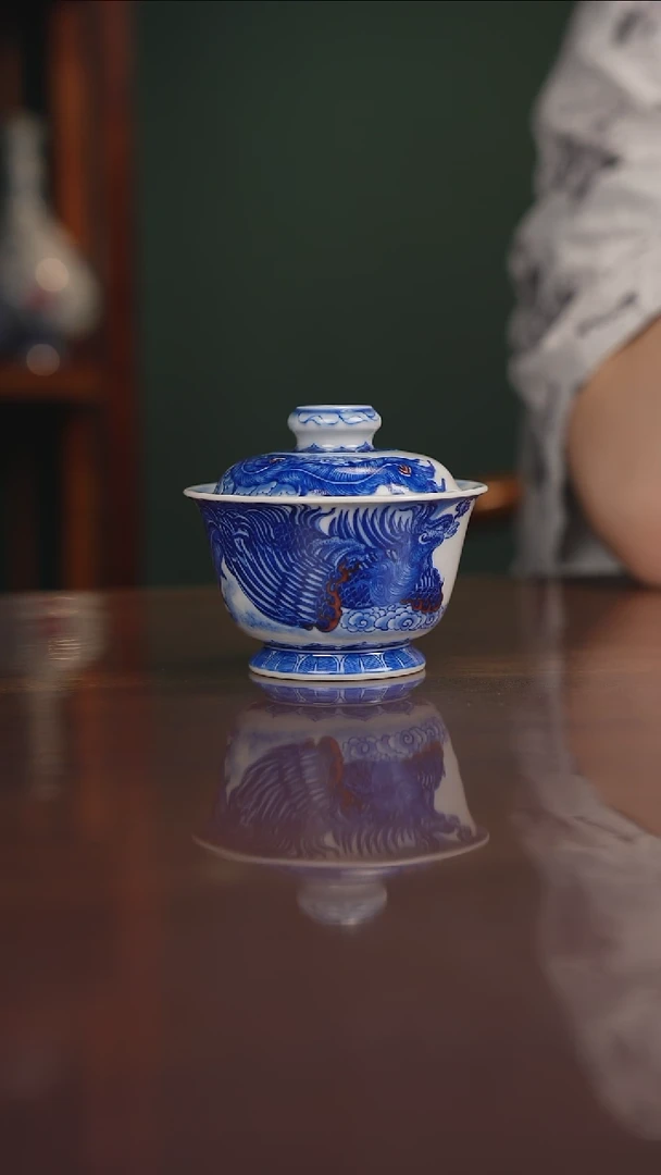 自成堂柴窑 青花釉里红 双凤