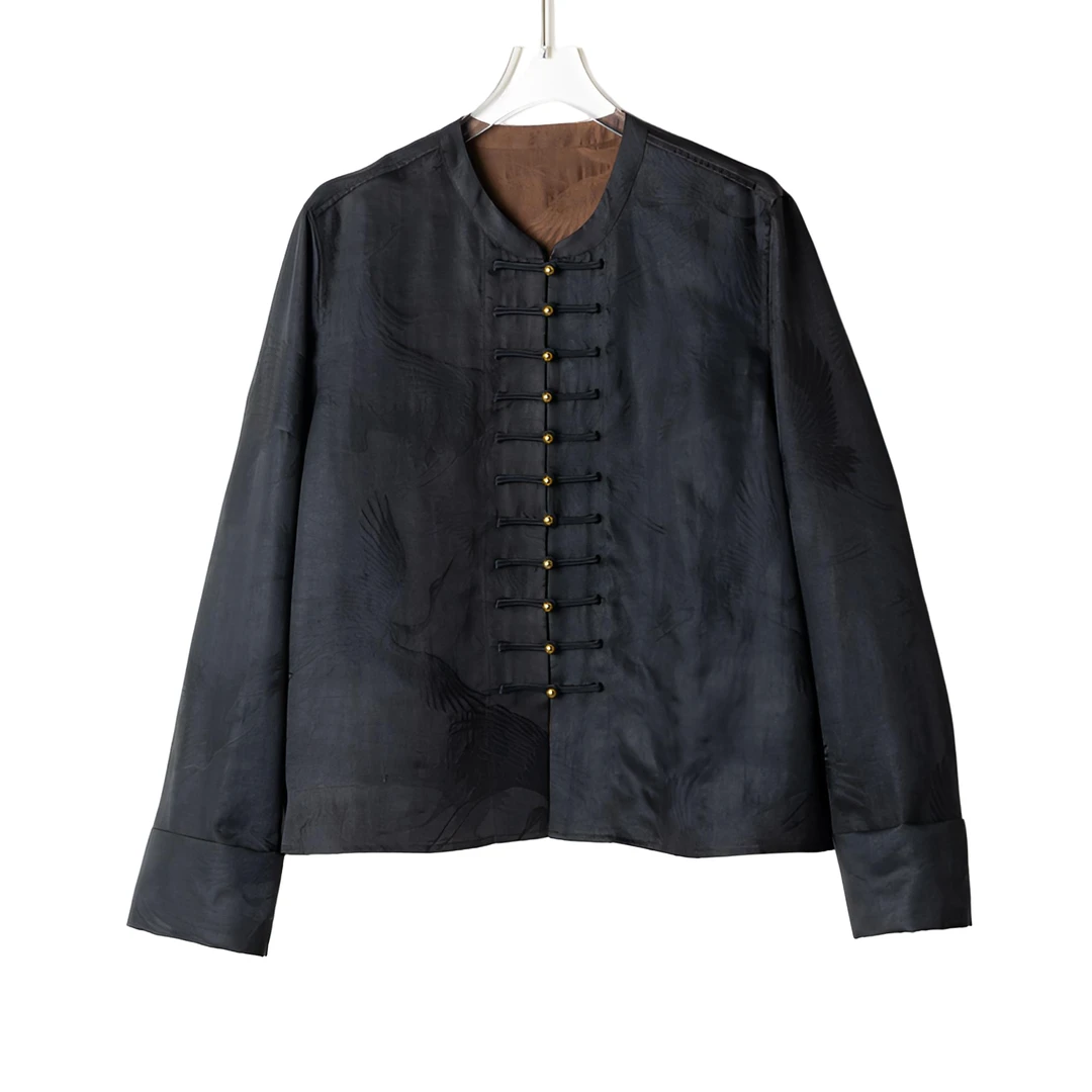 【玄鹤】满分桑蚕丝古法香云纱设计款短黑棕外套DX24AW044