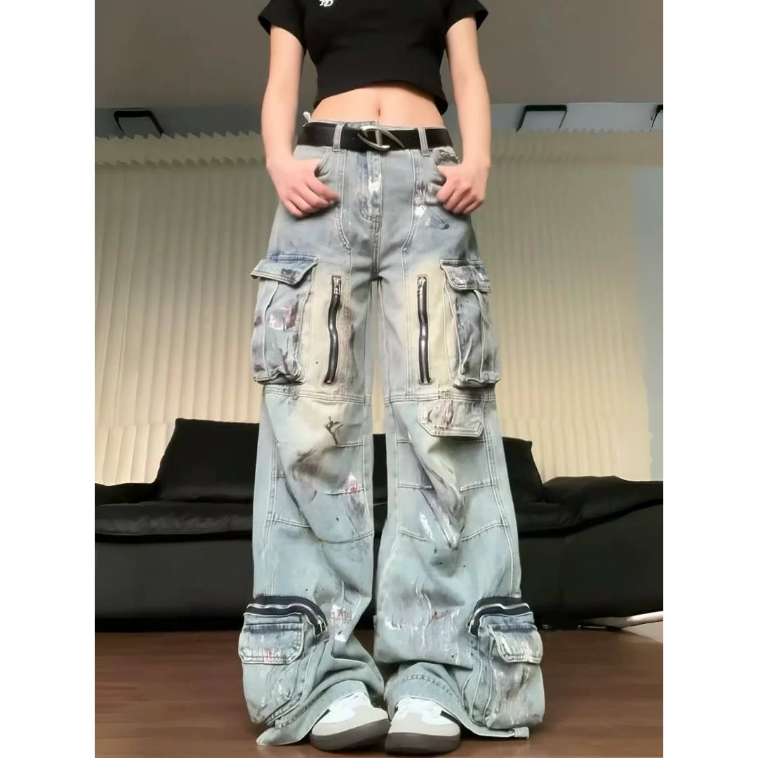 美式vibe大码水洗彩绘口袋工装牛仔裤女街头直筒宽松阔腿坠感长裤