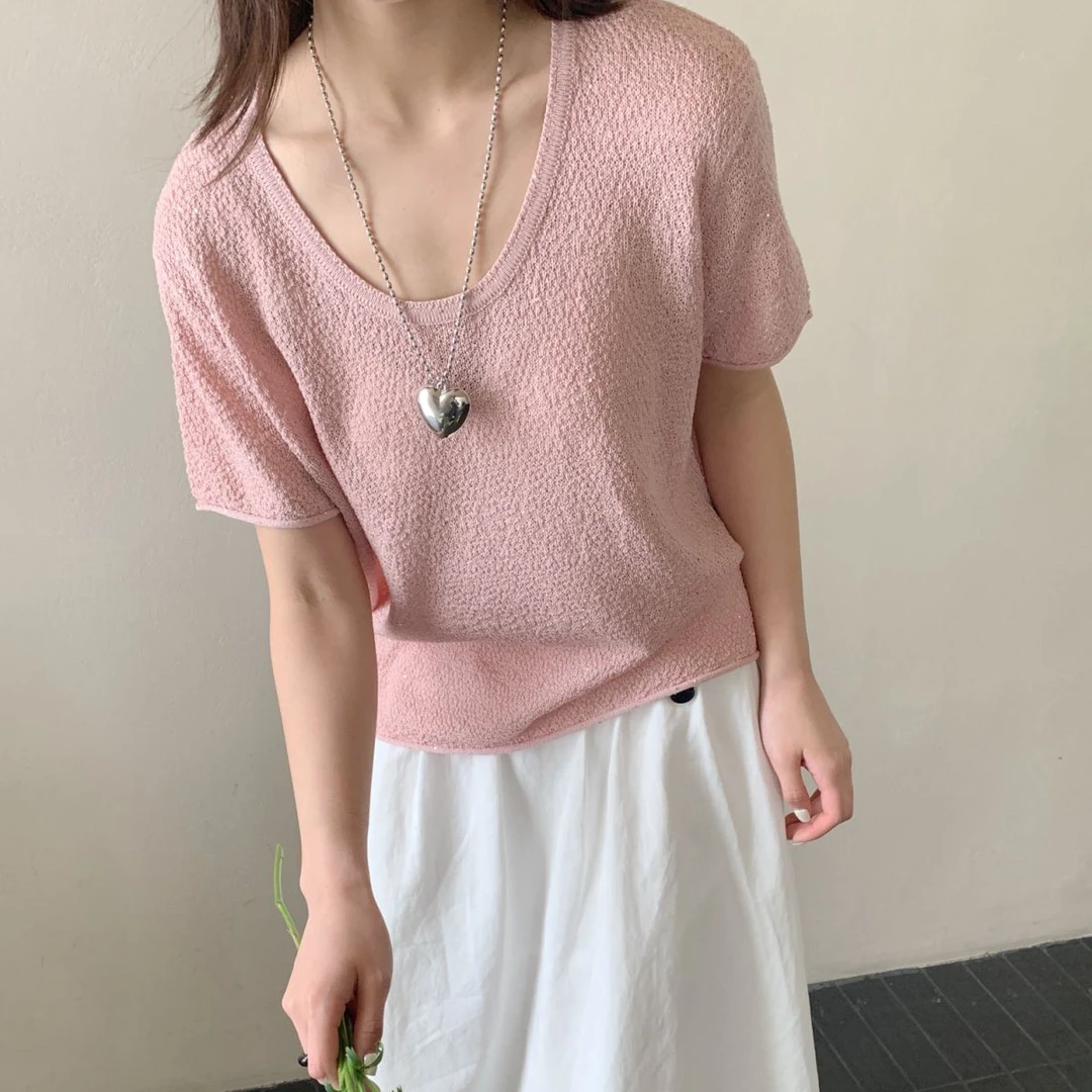 【素简.500113】春款上新亚麻珠片纱U领短袖女装针织衫（5.13福利）