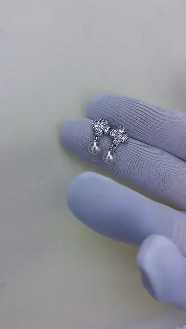 银S925镶嵌饰品海水珍珠四叶草耳钉