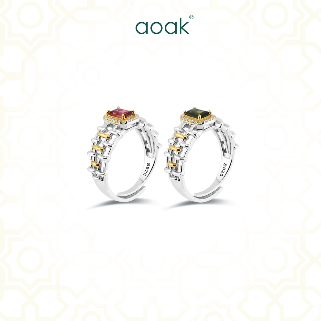 【aoak】A070天然碧玺925银镀金独特设计特别镂空戒边方形戒指