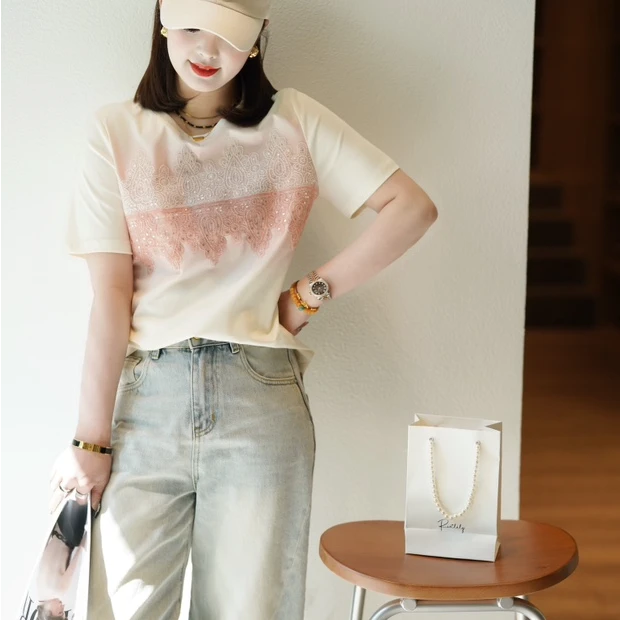 【锦衣服饰】OY 66127欧货渐变亮片蕾丝圆领短袖T