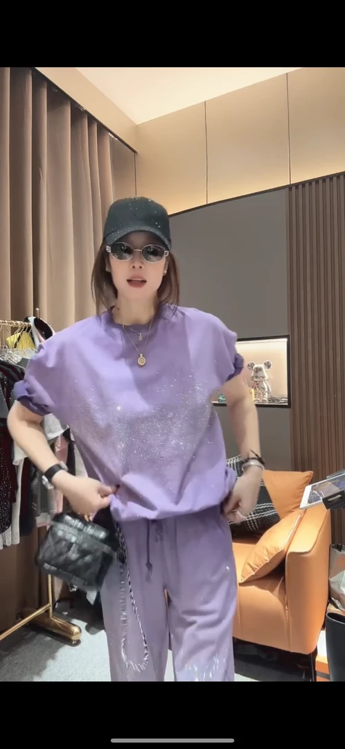 【SALE】MISS 【鸡尾酒】重工满钻幻彩渐变彩钻抽绳套装春夏潮牌轻奢