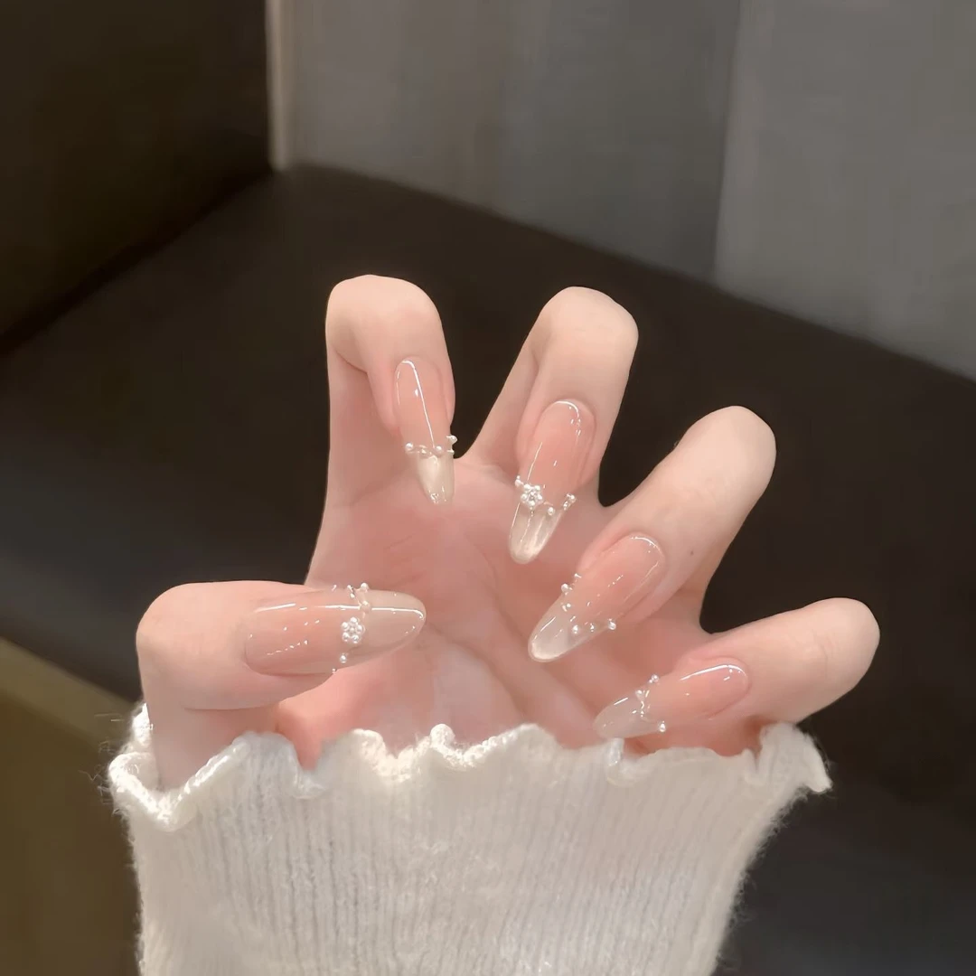 【珠光月色】冰透裸色渐变猫眼美甲手工穿戴甲中长气质显白网红指甲