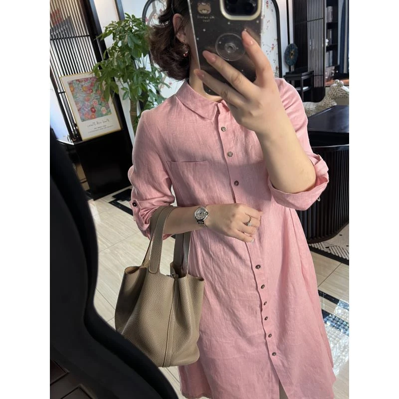 月月 100%亚麻娃娃领轻麻系列_遮肩袖设计重磅连衣裙