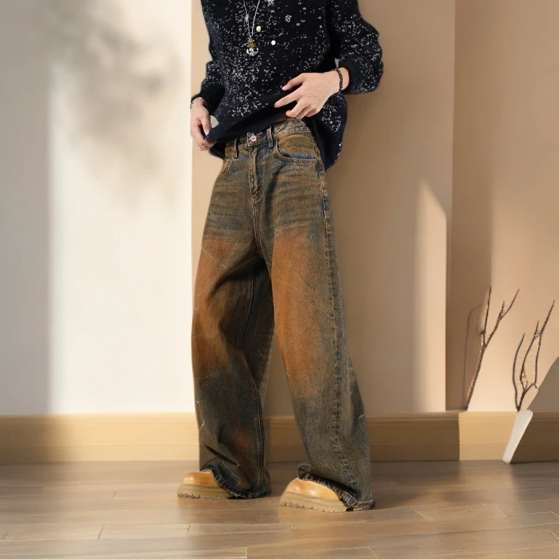 15.5盎司重磅高端版阔腿牛仔裤直筒裤子，复古怀旧水洗色，人工手磨