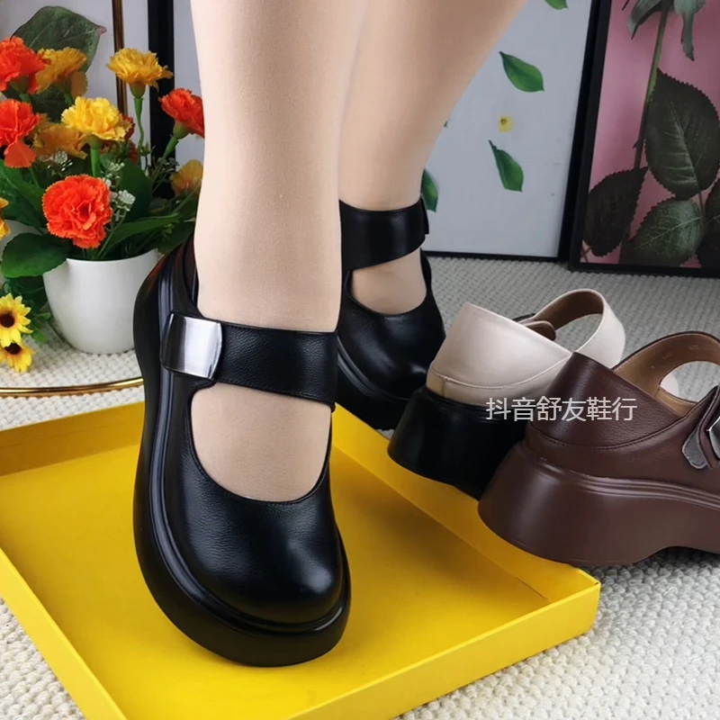 牛皮单鞋女2025夏季新款真皮圆头厚底浅口女鞋软底休闲妈妈小皮鞋