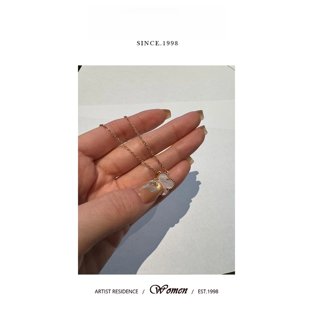 坠链均925银 925银粉色少女四叶草项链fka1