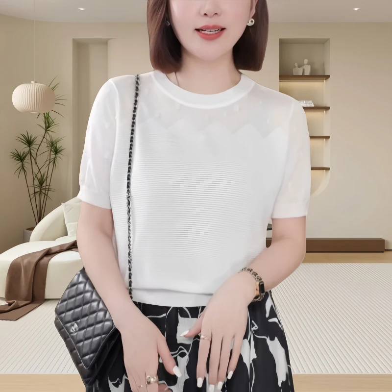 2025春季新款洋气精致镂空短袖女装减龄百搭显瘦圆领通勤针织上衣