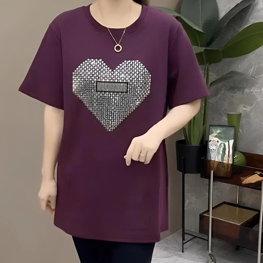 早春新款韩版休闲爱心烫钻短袖T恤