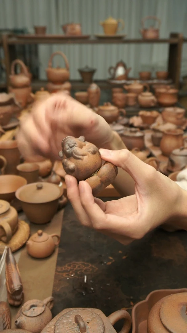 老岩泥财源滚滚来 转转小财神 茶宠摆件