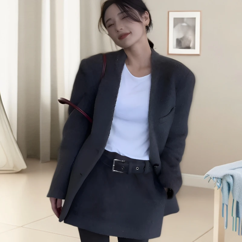 韩版西装毛呢套装女秋冬装慵懒风复古无领休闲呢子外套短裙两件套
