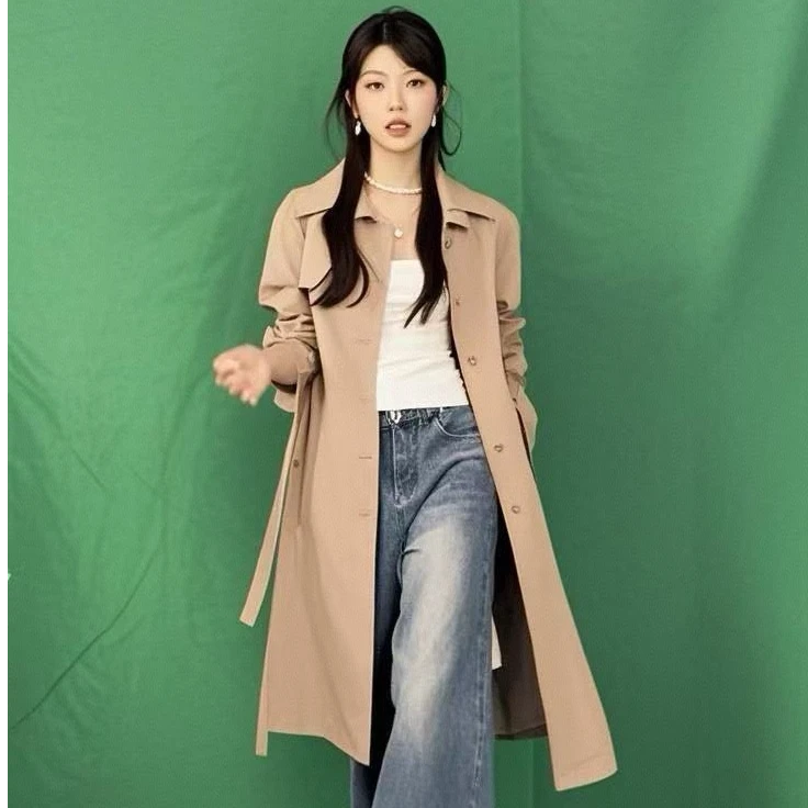 女网红显瘦韩系英伦风垂感风衣卡其中长款