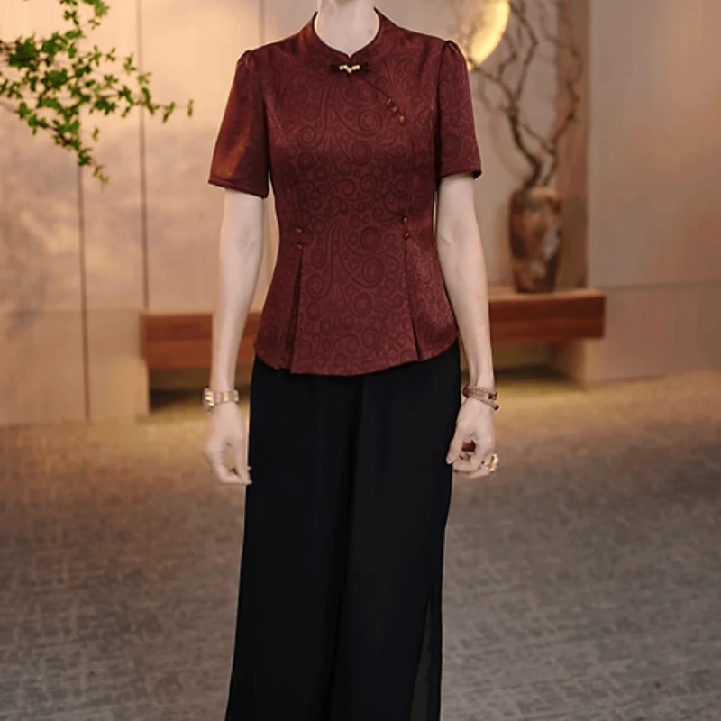 601【上衣+休闲裤】2025夏季新款中式国风优雅妈妈装修身显瘦套装