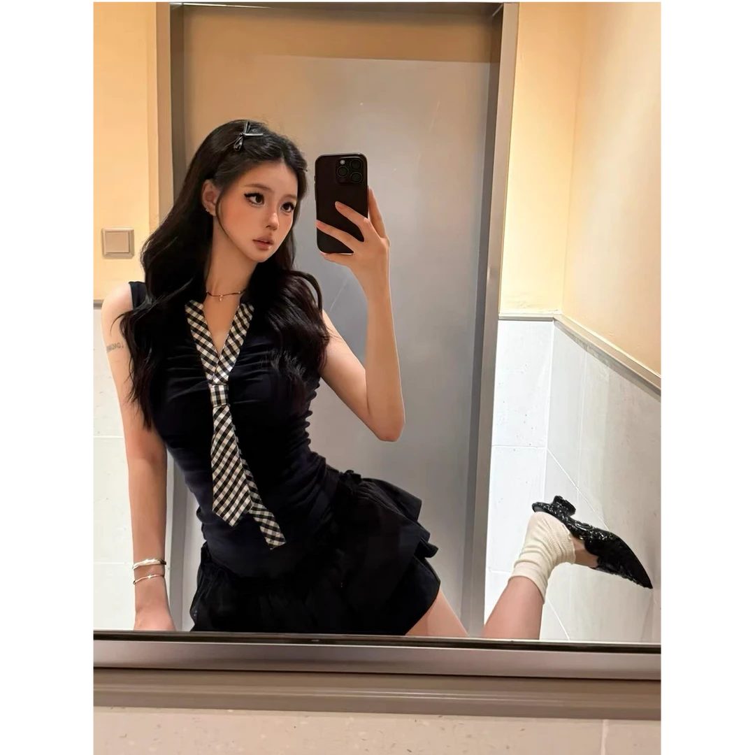 优秀的金蘑菇 格纹领带修身外穿内搭小上衣设计感半身短裙套装