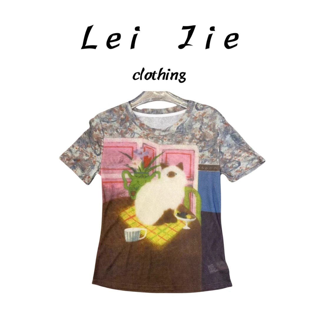 【Lei Jie】小众设计潮牌壁画小猫咪短袖T恤9083